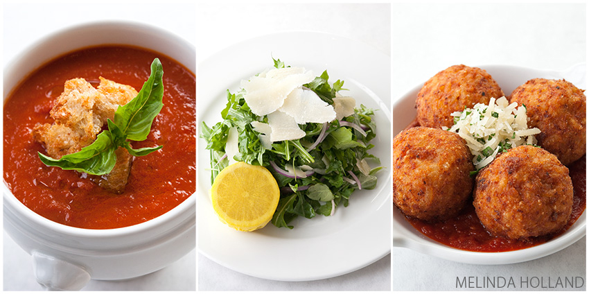Roasted Tomato Soup, Wild Arugula Salad, Arancini