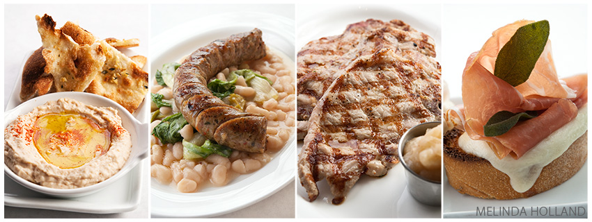 Tuscan Hummos with Pizza Bread, Grilled Italian Sausage with White Beans and Escarole, Berkshire Pork Chops with Homemade Apple Sauce, Proscuitto Crostini with Brown Butter and Sage