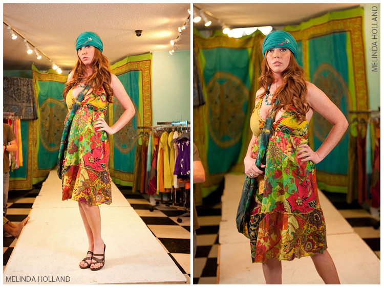Brittany in colorful dress w/head scarf and bag